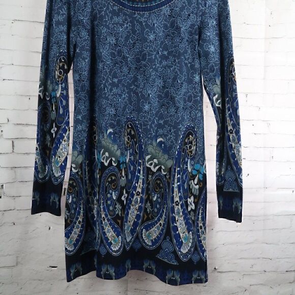 WHITE MARK BLUE FLORAL PAISLEY LONG SLEEVE ROUND NECK MIDI SWEATER DRESS SIZE M - Picture 5 of 8